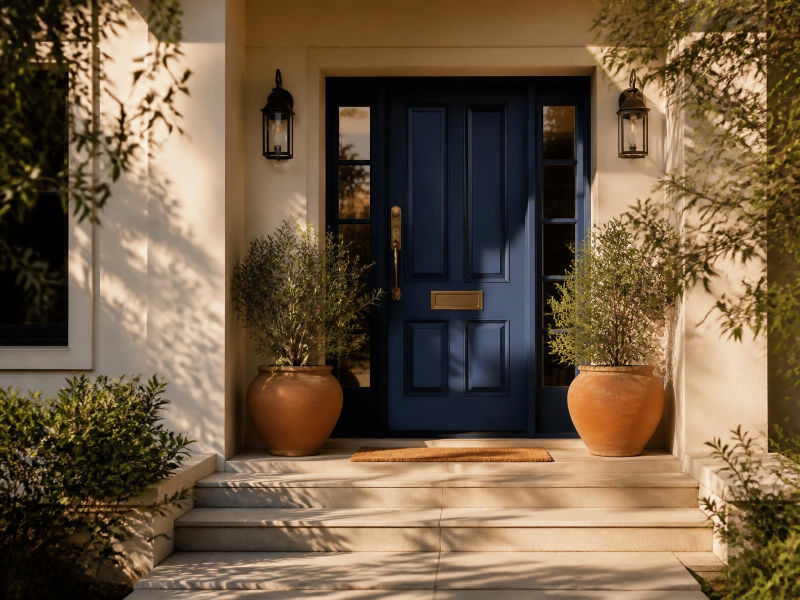 A sunlit front entryway with a navy door and terracotta planters