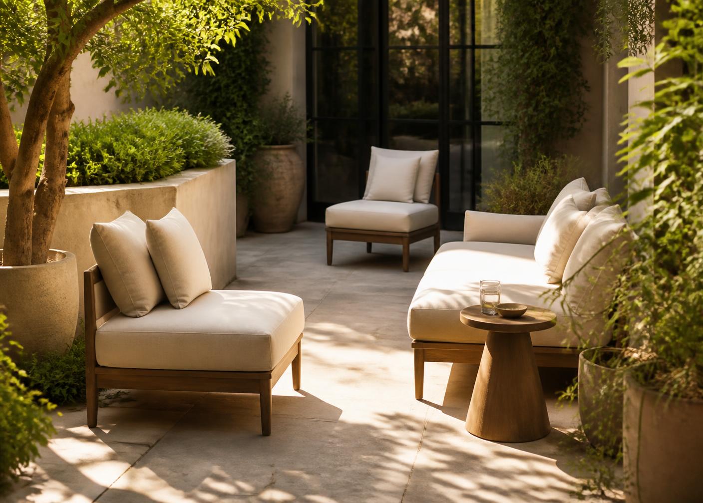 A patio set with cushions and greenery in afternoon light